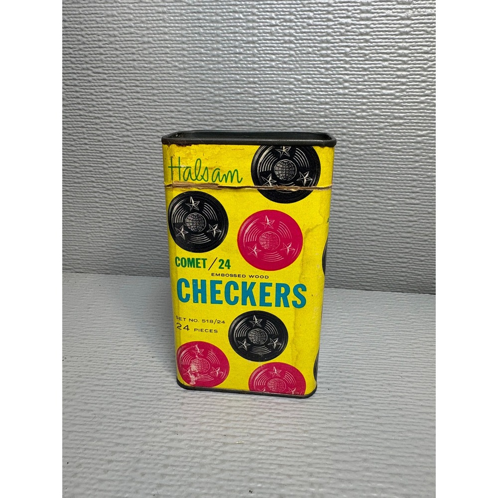 Vintage Halsam Comet 24 Embossed Wood Checkers Set No 518/24 Chicago IL Tin Lid